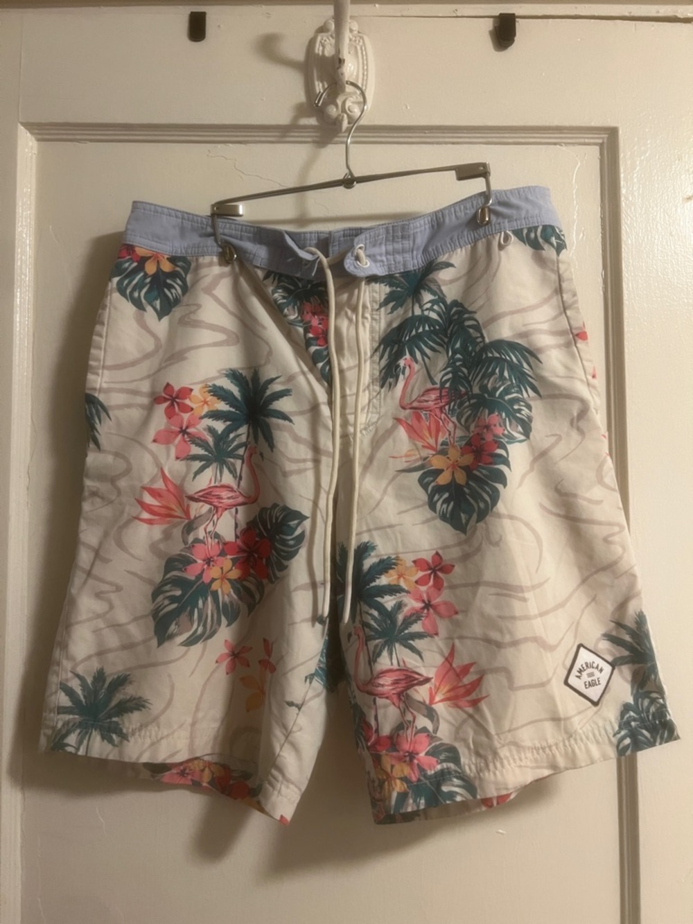 American Eagle Outfitters Cream Floral Board Shorts Tropical Flamingo